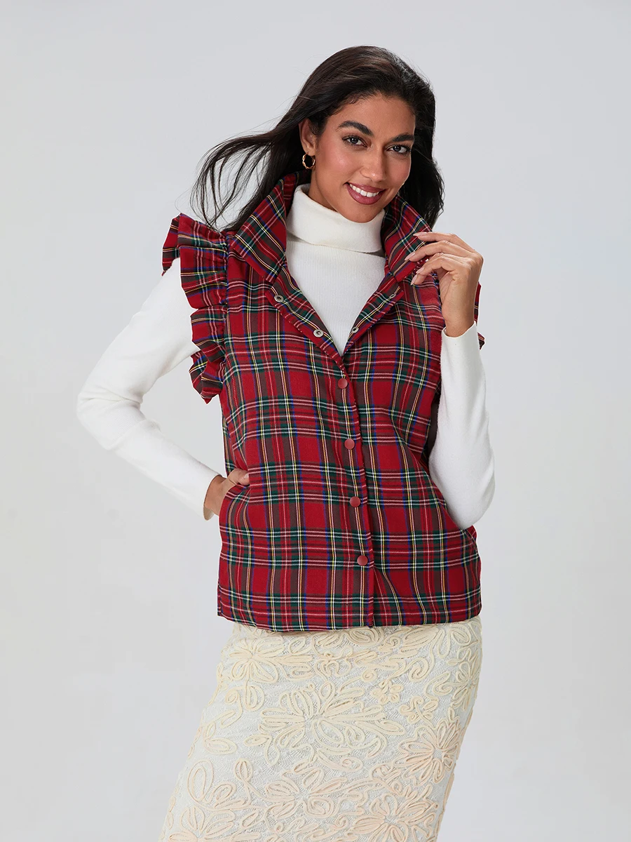 New Fashion Women Christmas Plaid Cotton Vest Turtle Neck Snap-Up Flutter Sleeve Casual Lightweight Waistcoat Hot Sale S-XL