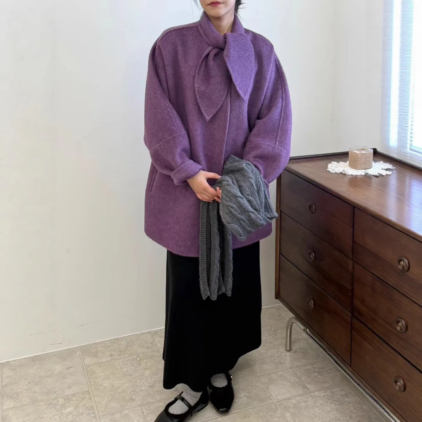 Cappotto da donna in cashmere di lana double face caldo e sciolto con collo di coniglio (Defying dell'età coreano, best seller per taglie piccole)