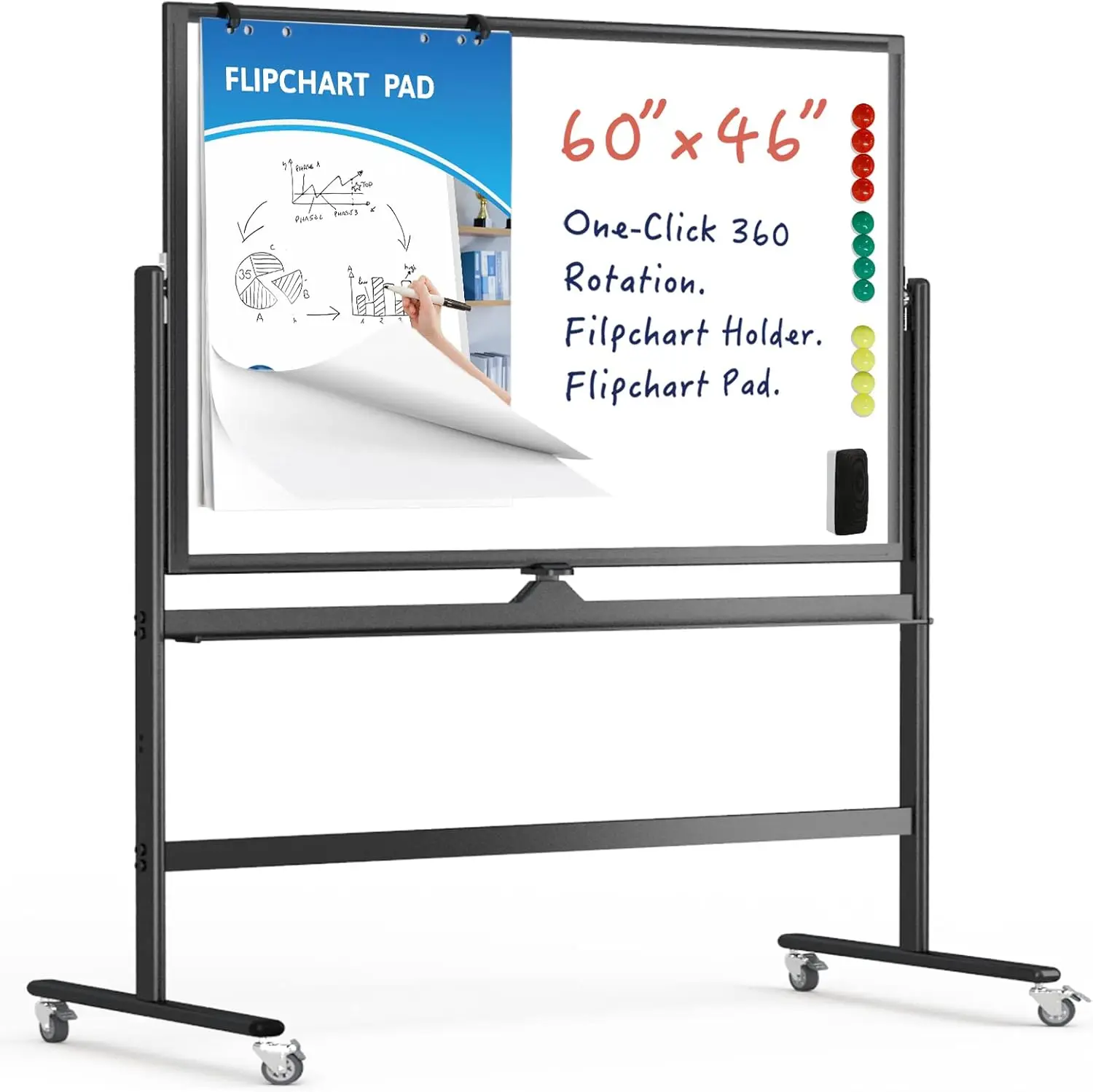 White Board, Mobile Whiteboard on Wheels,60 * 46 Rolling whiteboard,Double Sided Dry Erase Board with Stand,Mobile Dry Erase Boa