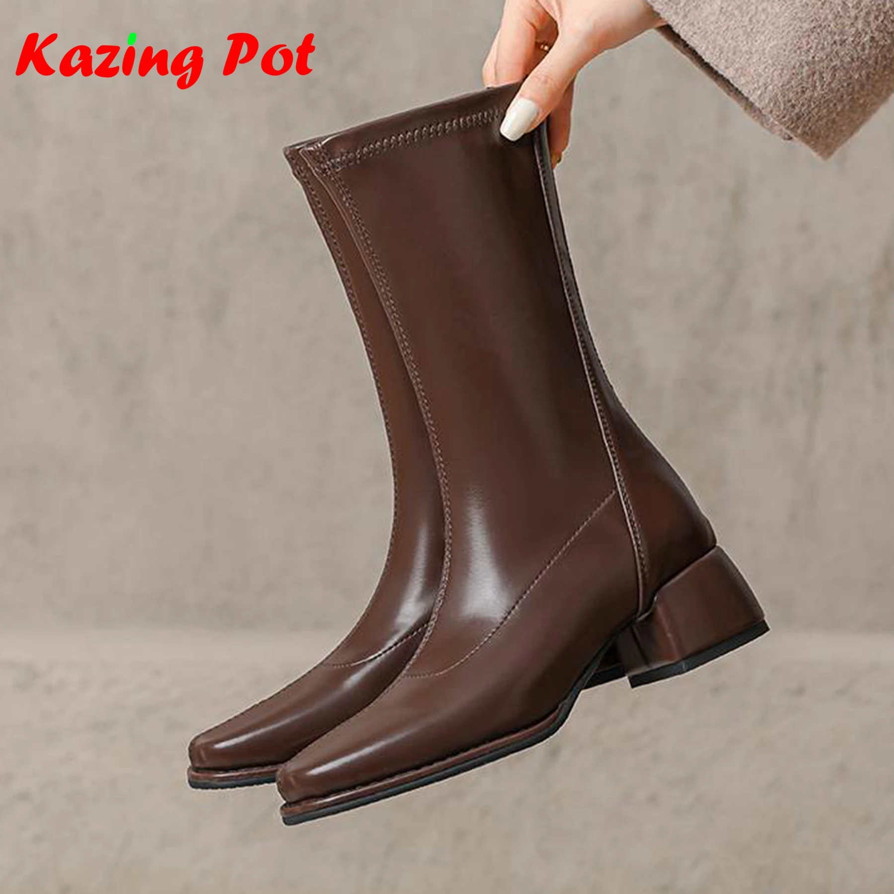

Krazing Pot Microfiber Chunky Heels Modern Motorcycle Boots Casual Winter Autumn Concise Vintage Women Stretch Mid-calf Boots