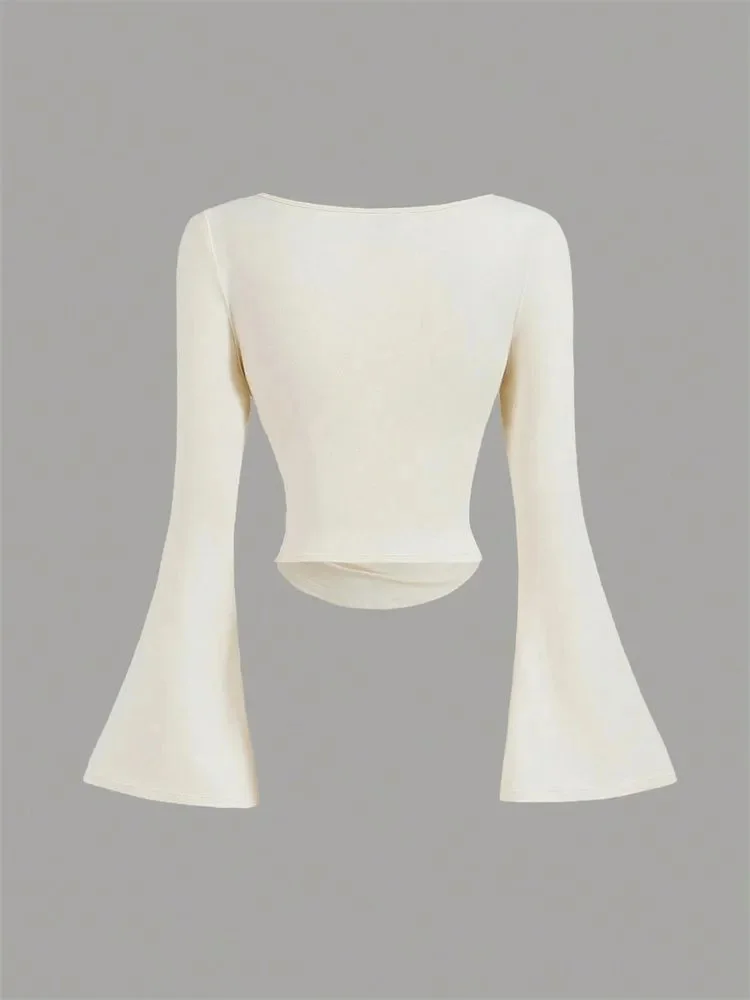 Casual Flare Long Sleeve Round Neck Ruched T-shirt for Women Spring Autumn Winter Elegant Solid Pleated Slim fit Blouse Tshirt