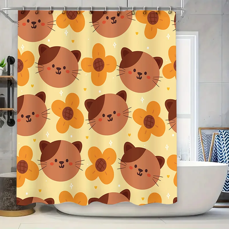 

Цветочный мультяшный кот, занавеска для душа, декор для украшения ванной комнаты