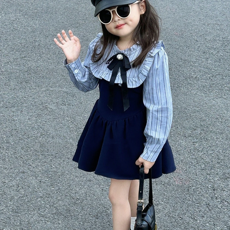 Girl Skirt Spring Autumn College Style Children\'S Clothing Striped Splicing Dress Fashionable  Western New Product Kore