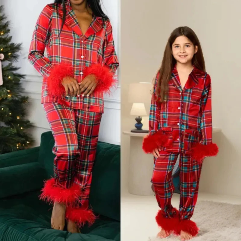 

Christmas Tree Pajama Set Women Autumn Winter Elderly Plaid Christmas Satin Print Home Sleepwear Adults Parent Child Set New