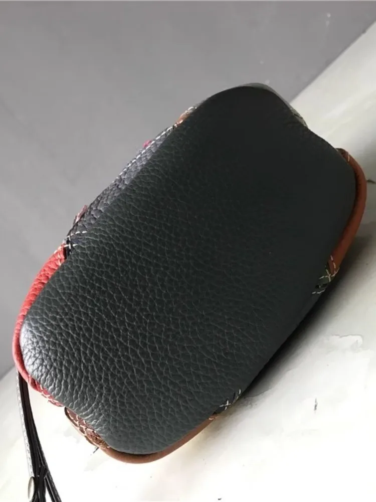 مصمم مختلط الألوان جلد طبيعي دلو حقيبة المرأة خمر عادية واحدة حقائب كروسبودي الرباط حقيبة ساعي الإناث