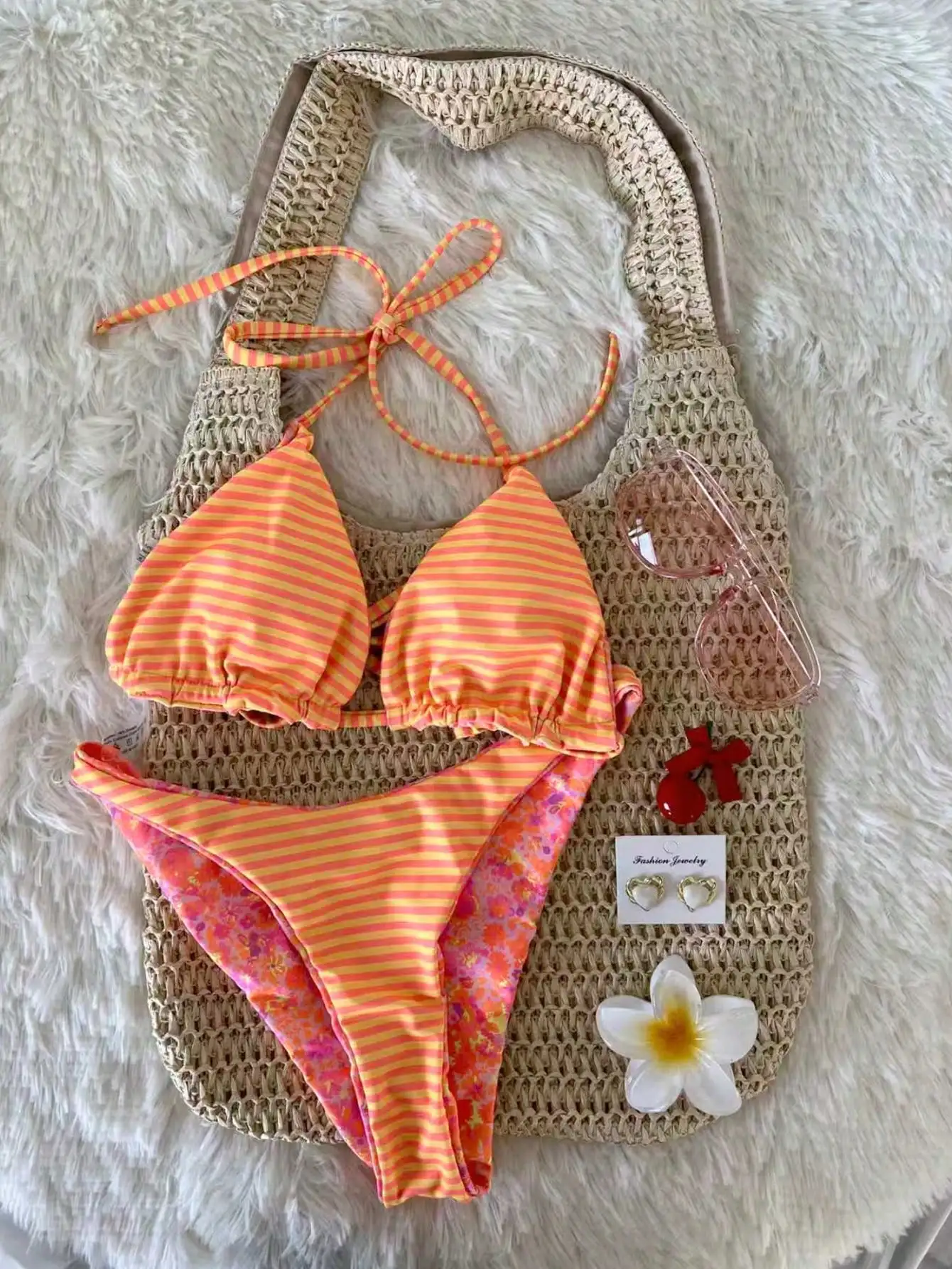 

Двусторонний комплект бикини с цветочным принтом и полосками, женский купальник для пляжного отдыха