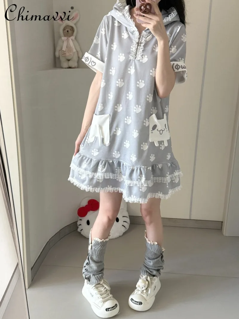 オリジナル水玉模様の青とグレーのプリント半袖Tシャツワンピース レディース 可愛いレース猫耳付きゆったりガールズカワイイショートドレス