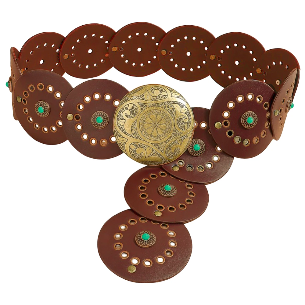 38.35 x 3.54 Inch Vintage Disc Waist Belts Wide PU Leather Wasitband Hollow Boho Western