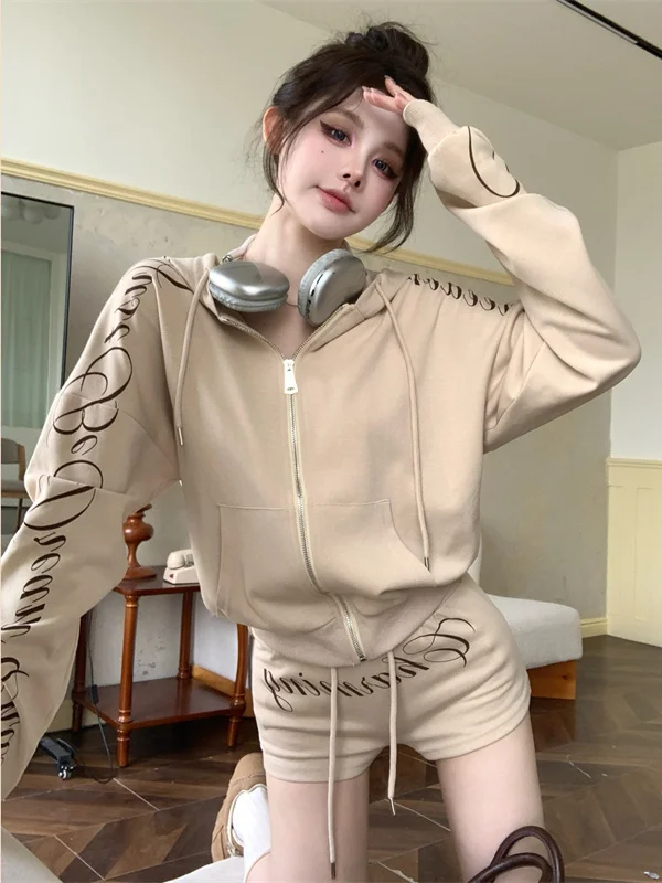 طقم جايت وقلنسوة فضفاض كاجوال وسحاب للنساء مع طباعة حروف عالية الخصر بنطال ضيق مناسب للخريف #4