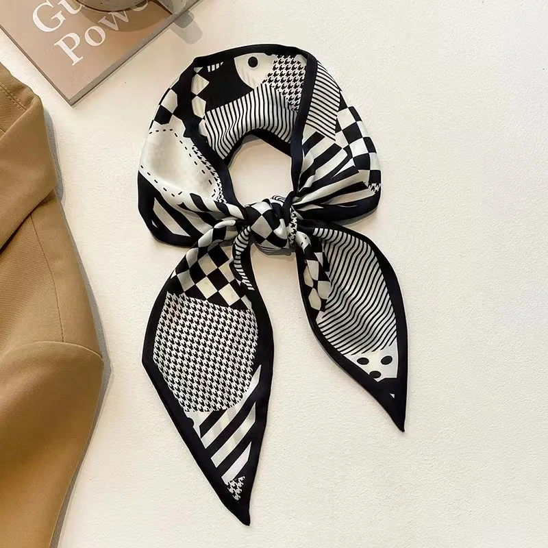 Korean version of black silk scarf headband, women\'s satin headdress, niche streamer, houndstooth flower hair ornament