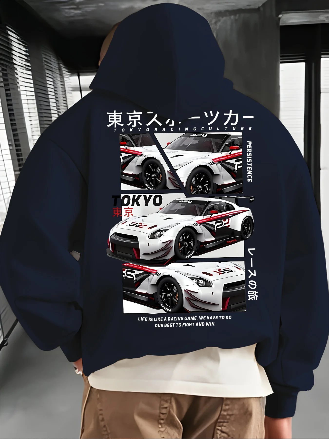 Sudadera con capucha gráfica para hombre, diseño de coche de carreras, sudadera con capucha japonesa azul marino, ropa informal de invierno lavable a máquina