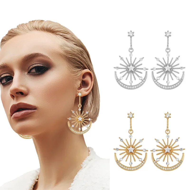 

Sun Star Earrings Long Style Earrings For Women With Diamond Stars And Moon Eardrop Designer Jewelry Gift