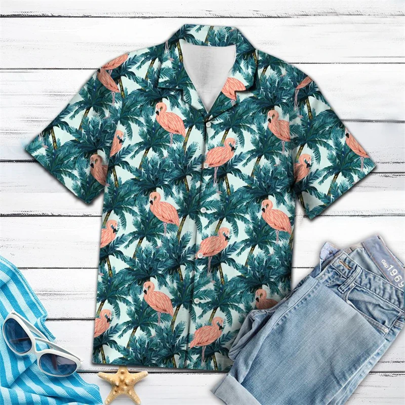 

Casual Flamingo Graphic Hawaiian Shirts Summer Fashion Holiday Vacation 3D Printed Lapel Shirt Loose Breathable Button Blouses