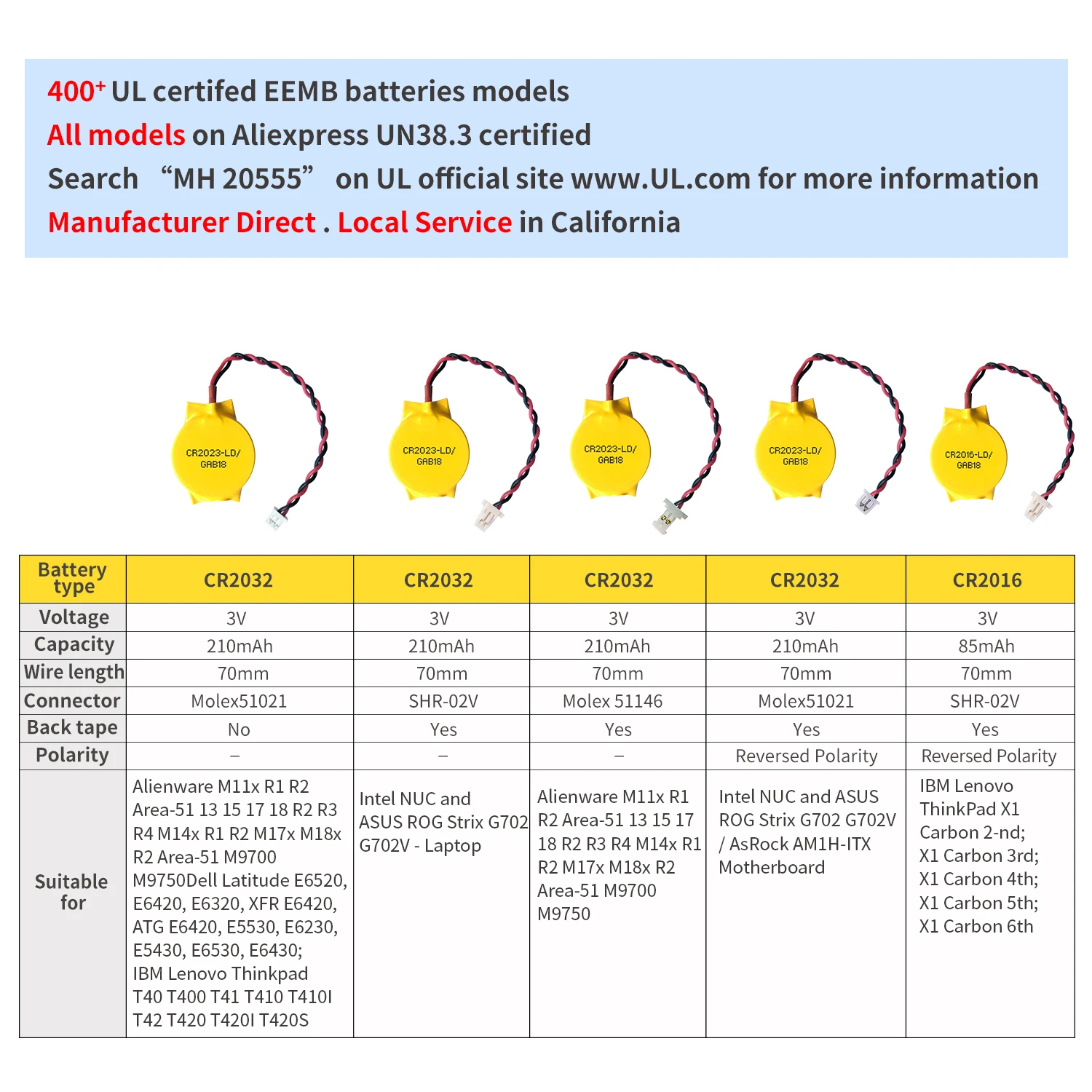 10PACK EEMB 3V 2Pin CR2032 Battery with Wire CR2016 CMOS Battery Motherboard Laptop Replacement Battery for Alienware ASUS Dell