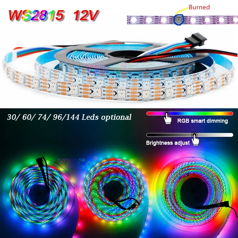 

12V Individually addressable WS2815 LED Strip 5050 RGB IC pixel Light Tape 30/60/74/96/144 leds/m Magic lamp bar IP30/IP65/IP67