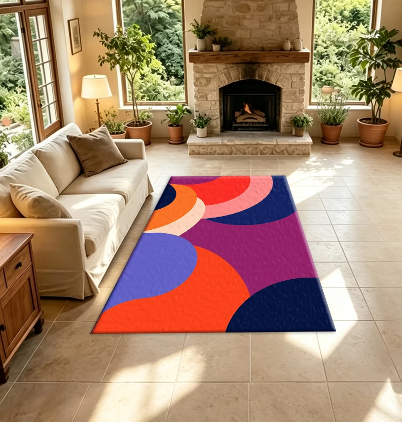 Vibrant Retro Curved Geometric Carpet, Abstract Color-Blocking Art Carpet, Suitable for Living Room Home Decor