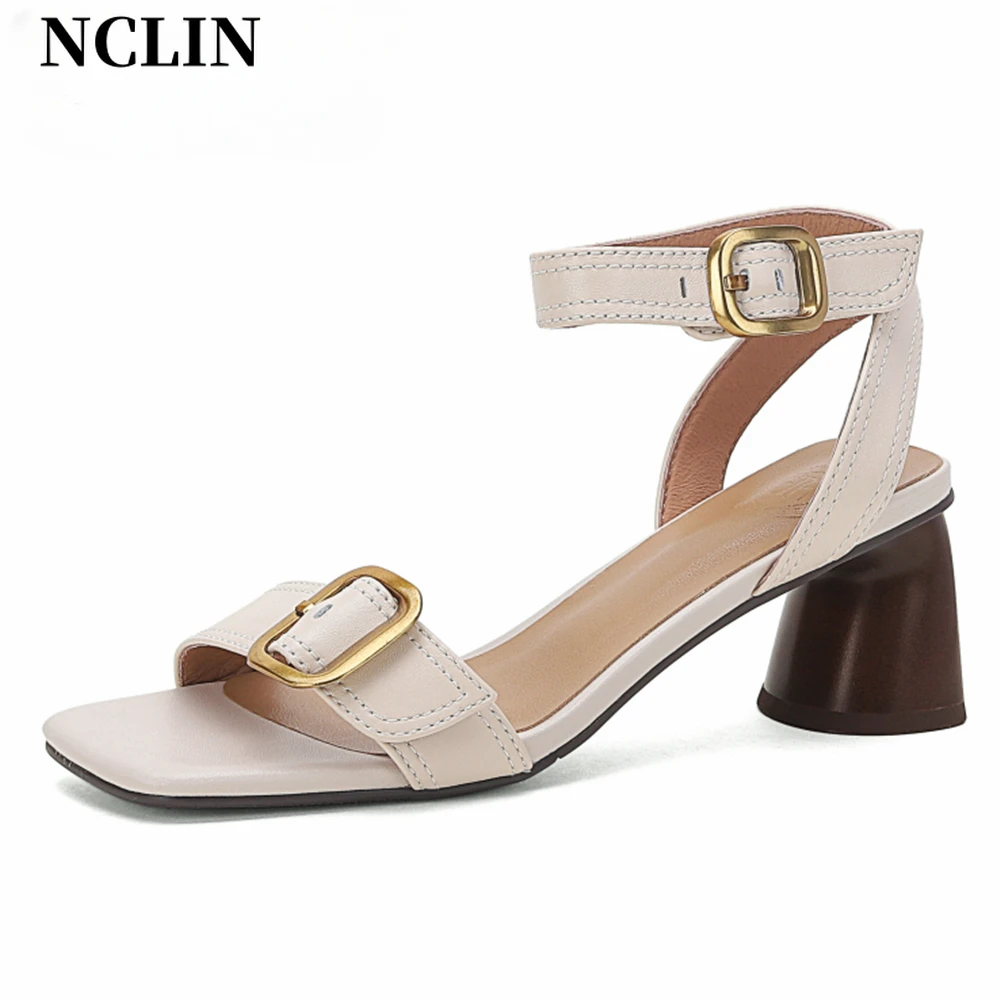 

NCLIN Elegant Women Genuine Leather Sandals Thick High Heels Buckles Office Shoes Woman Summer Comfort Sandals Pumps