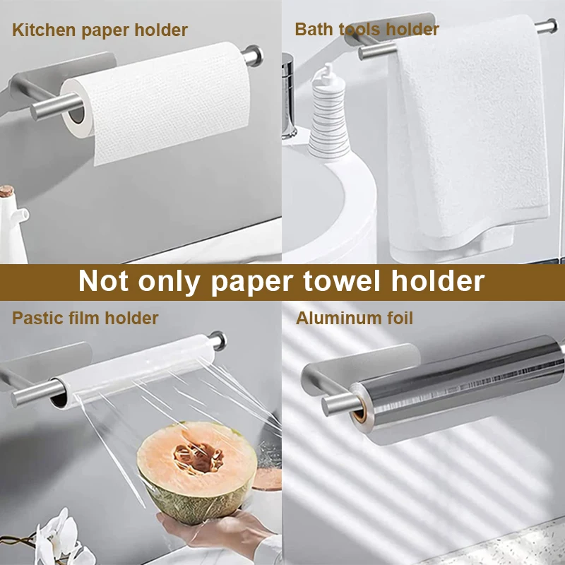 Stainless Steel Paper Towel Holder No Hole Punch Kitchen Bathroom Toilet Lengthen Storage Rack Adhesive Toilet Roll Paper Holder