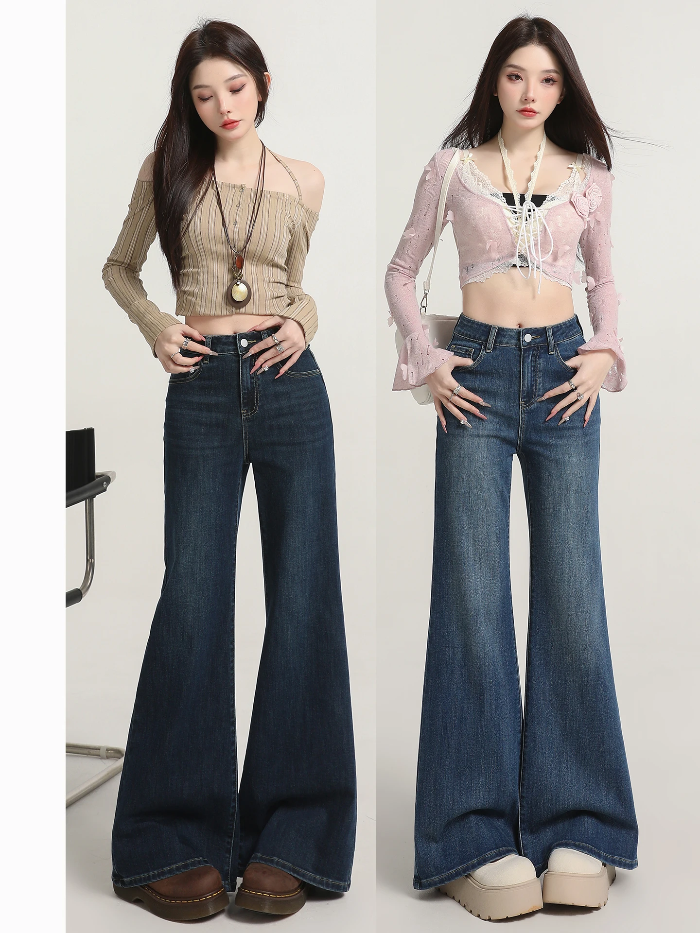 

High Waist Bell Bottom Jeans Women's Denim Pants Autumn Winter Slimming Faux Wrap Ankle Length Cotton Polyester Blend