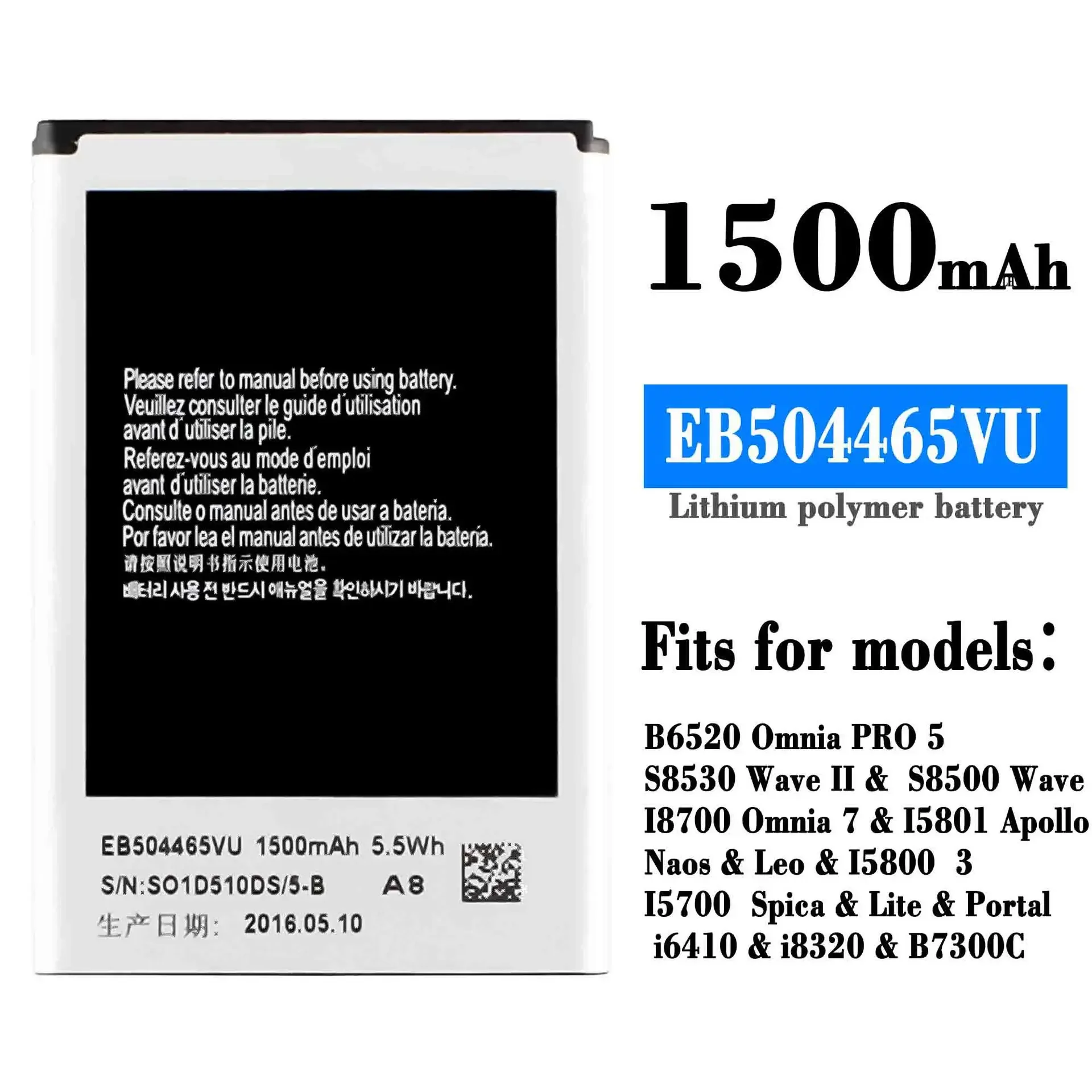 High Quality Replacement Battery For Samsung B6520 Omnia PRO5 EB504465VA Mobile Phone Large Capacity New Batteries