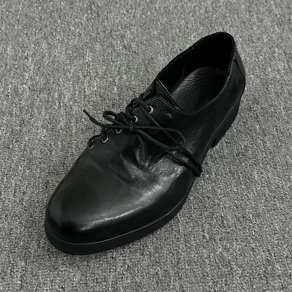 Black Washed Cowhide Loafers Diagonal Lace Up Thick Soled Raised Handmade Pointed Toe for Commuting Derby Leather Shoes
