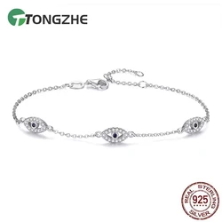 TONGZHE Lucky Evil Eye 925 Sterling Silver Charm Bracelet for Women Shiny Cut CZ Adjustable Bangles Jewelry Gift