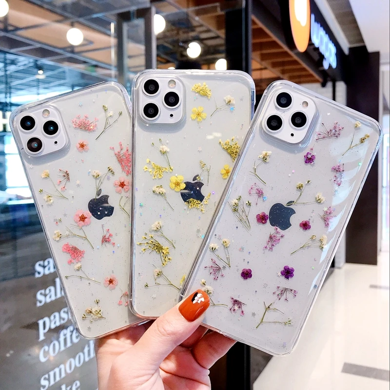 

New Dry Flower Transparent Phone Case For iphone 11 12 13 14 mini Pro Max XS X XR 7 8 plus SE 2024 Soft Shockproof Cases Cover