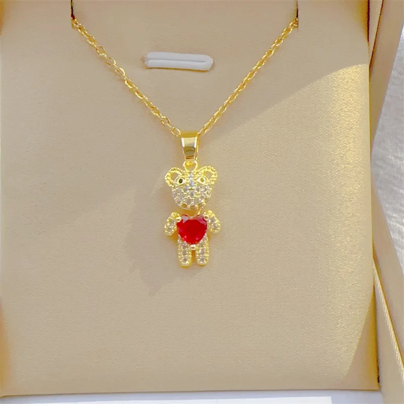 Fashion Micro-inlaid Red Heart Cute Bear Necklace Classic Personality Movable Light Luxury Stainless Steel Clavicle Chain