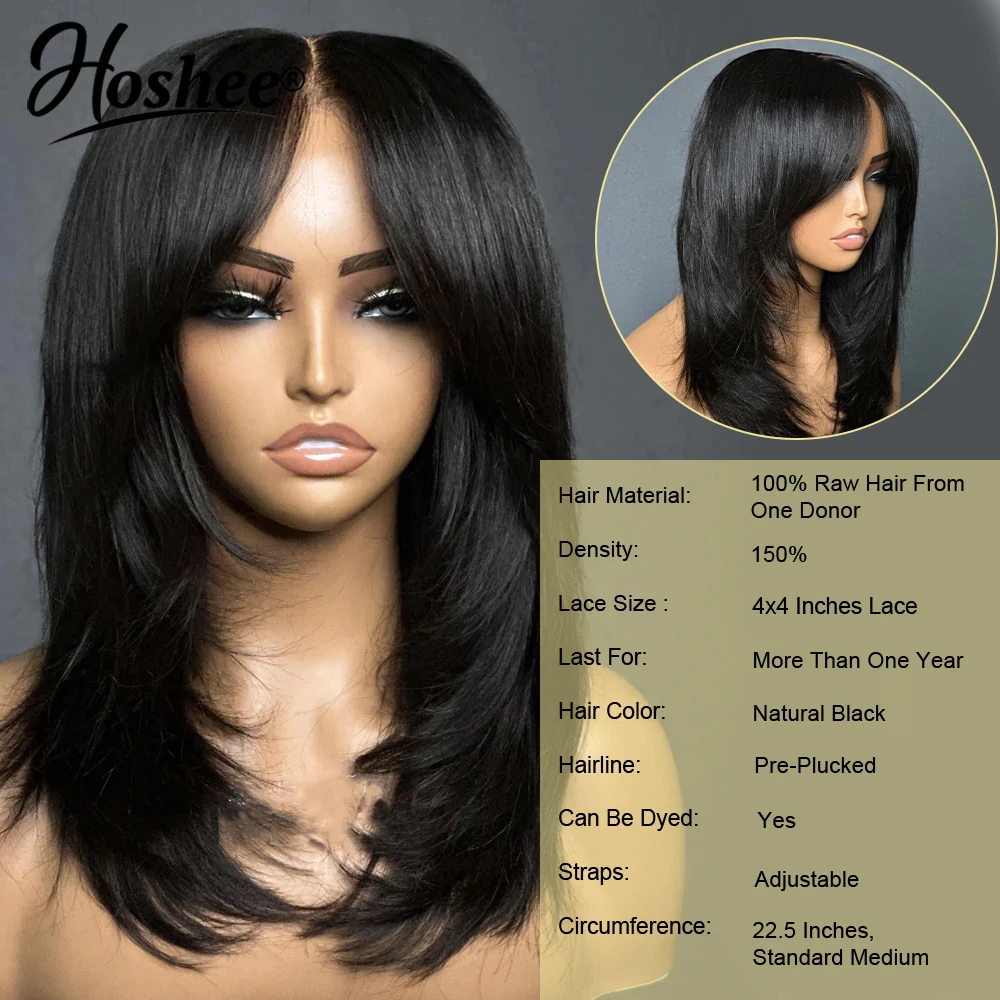 Wear And Go Wig With Layered Bang Glueless Ready To Wear Straight 360 Full lace Human Hair Wigs For Women 5x5 Lace Closure Wig