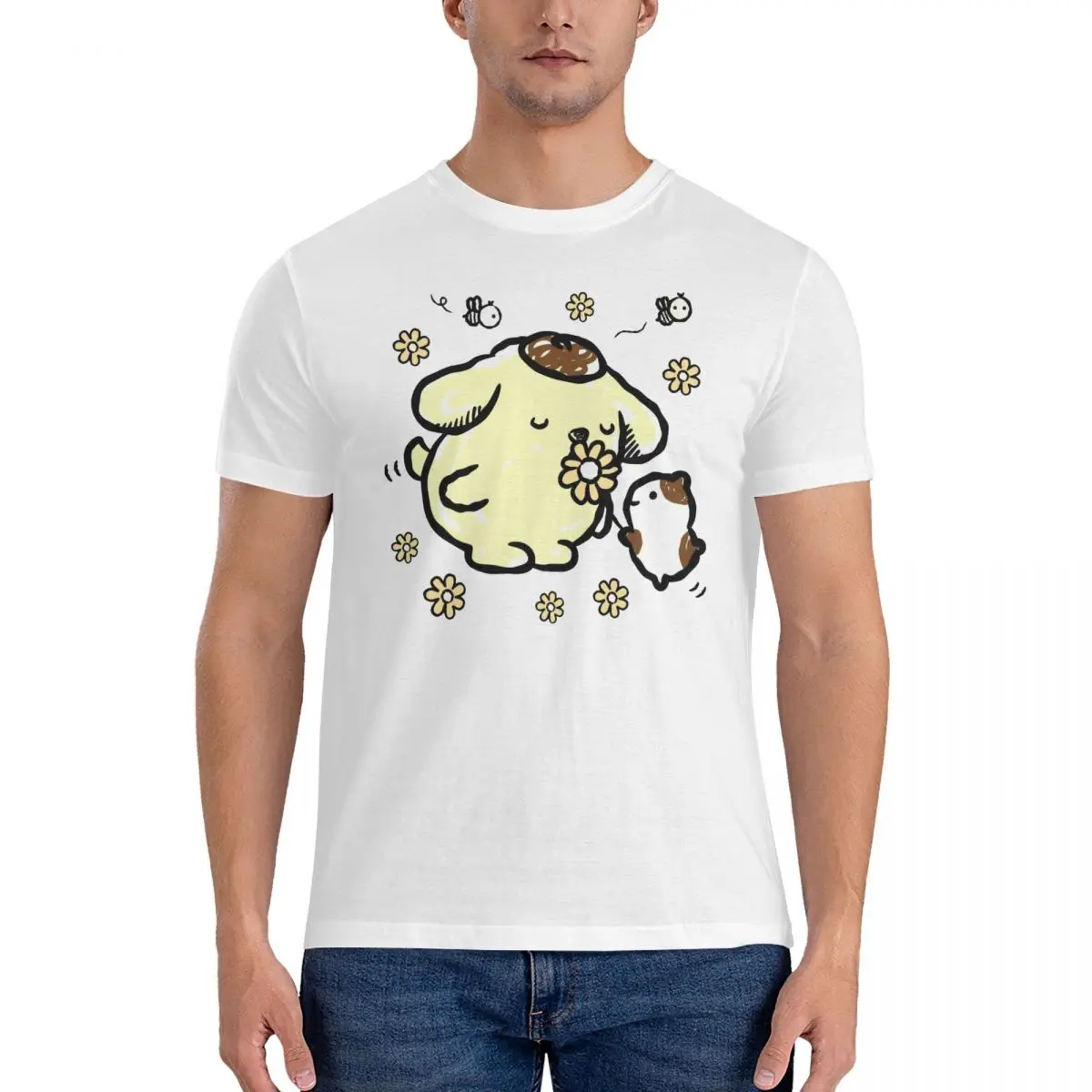 Sanrio Cartoon Character Men's T Shirt Pompompurin Funny Tee Shirt Short Sleeve Crew Neck T-Shirt Cotton Printing Clothes