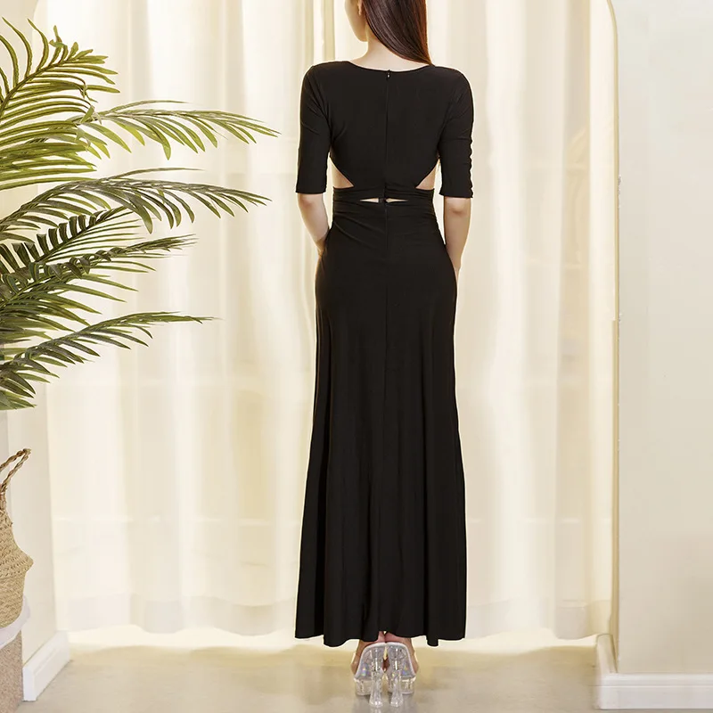 مثير عميق V Ne Long Dr Bla الجوف خارج Faionable العمل orm عالية الشق ساونا تكان أورم مادة البوليستر