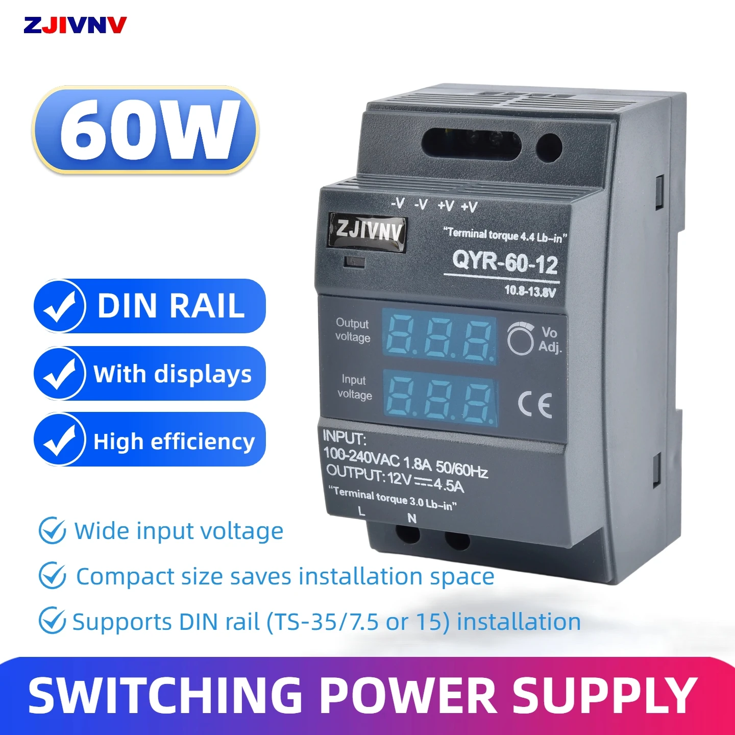 60W DIN Rail Switching Power Supply Digital Display 12V 24V Output 100-240VAC Input for PLC Automation Industrial Control