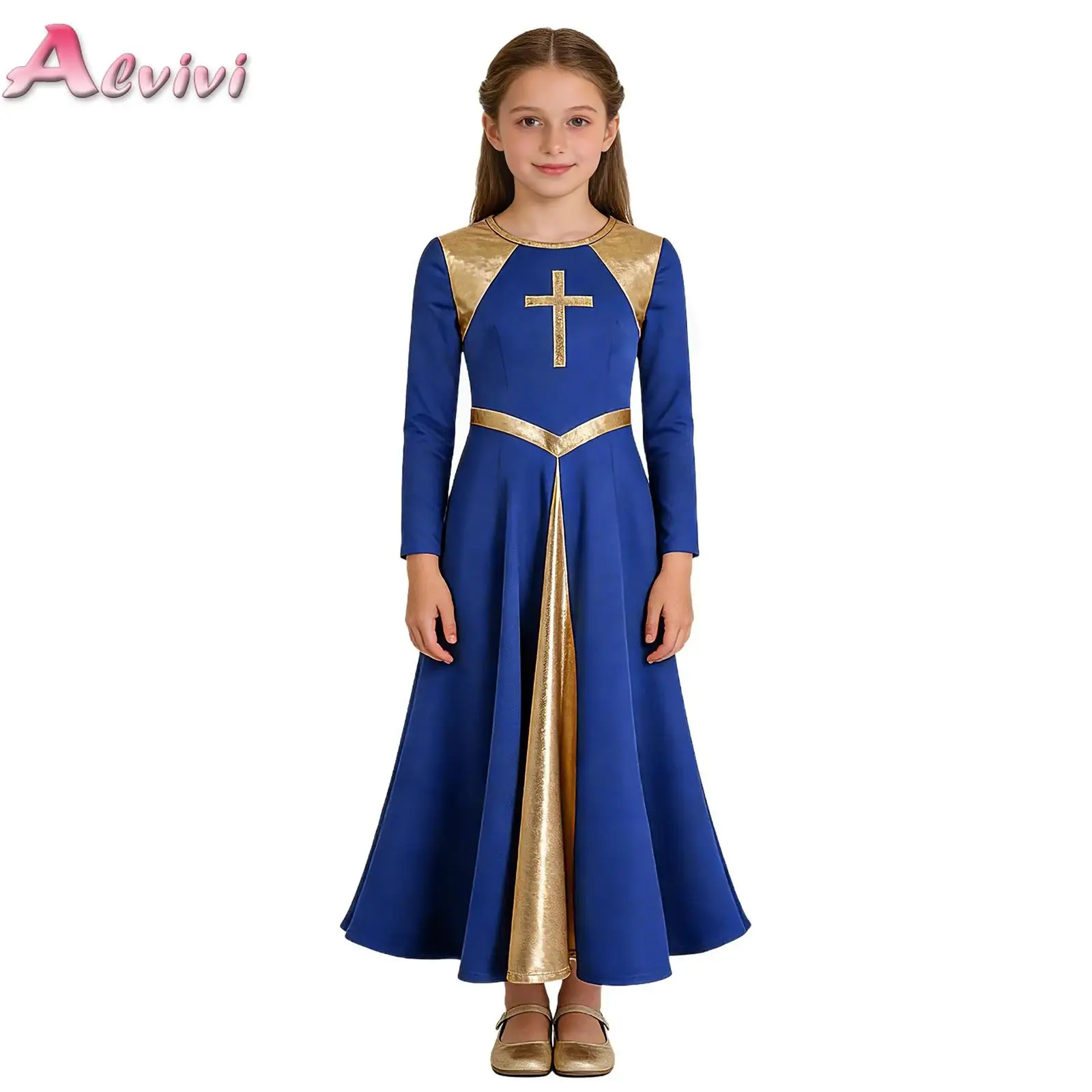 Girl Metallic Liturgical Praise Dance Dress Gold Cross Pattern Church Celebration of Spirit Praise Stage Performance Dancewear