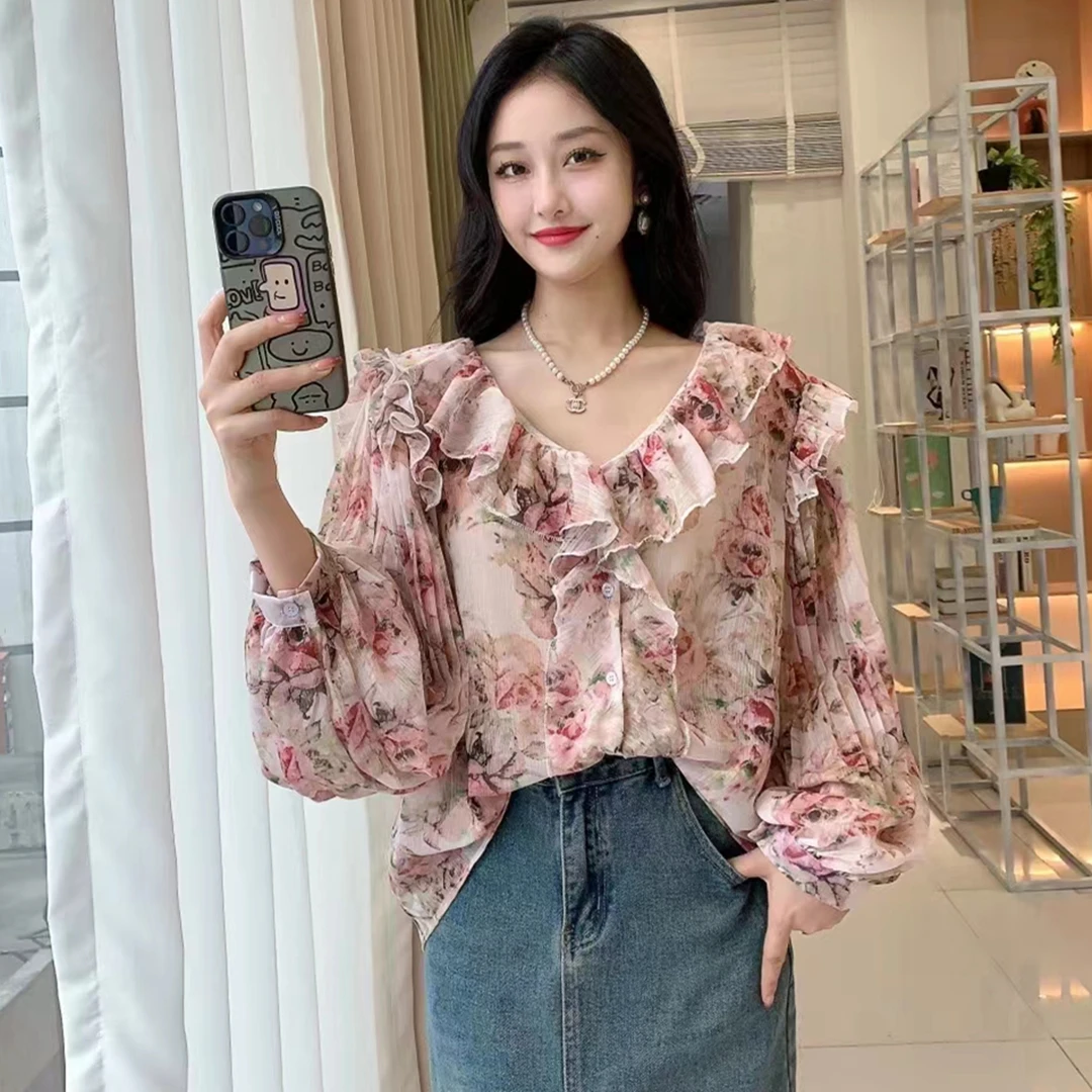 2024 New Spring Autumn Women V-Neck Pleated Long Sleeve Loose Blouse High Quality Sweet Ruffles Chiffon Floral Shirt