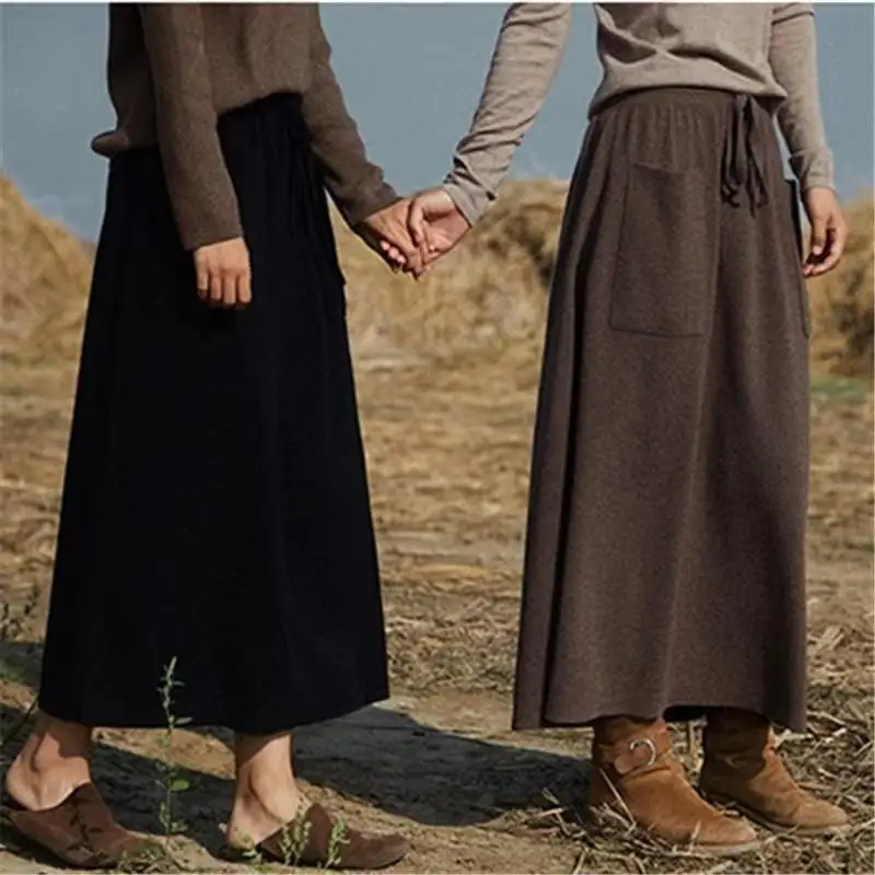 Cashmere encrypted in autumn and winter, long skirt, slim double-pocket A-shaped bottoming sweater, one-step umbrella skirt