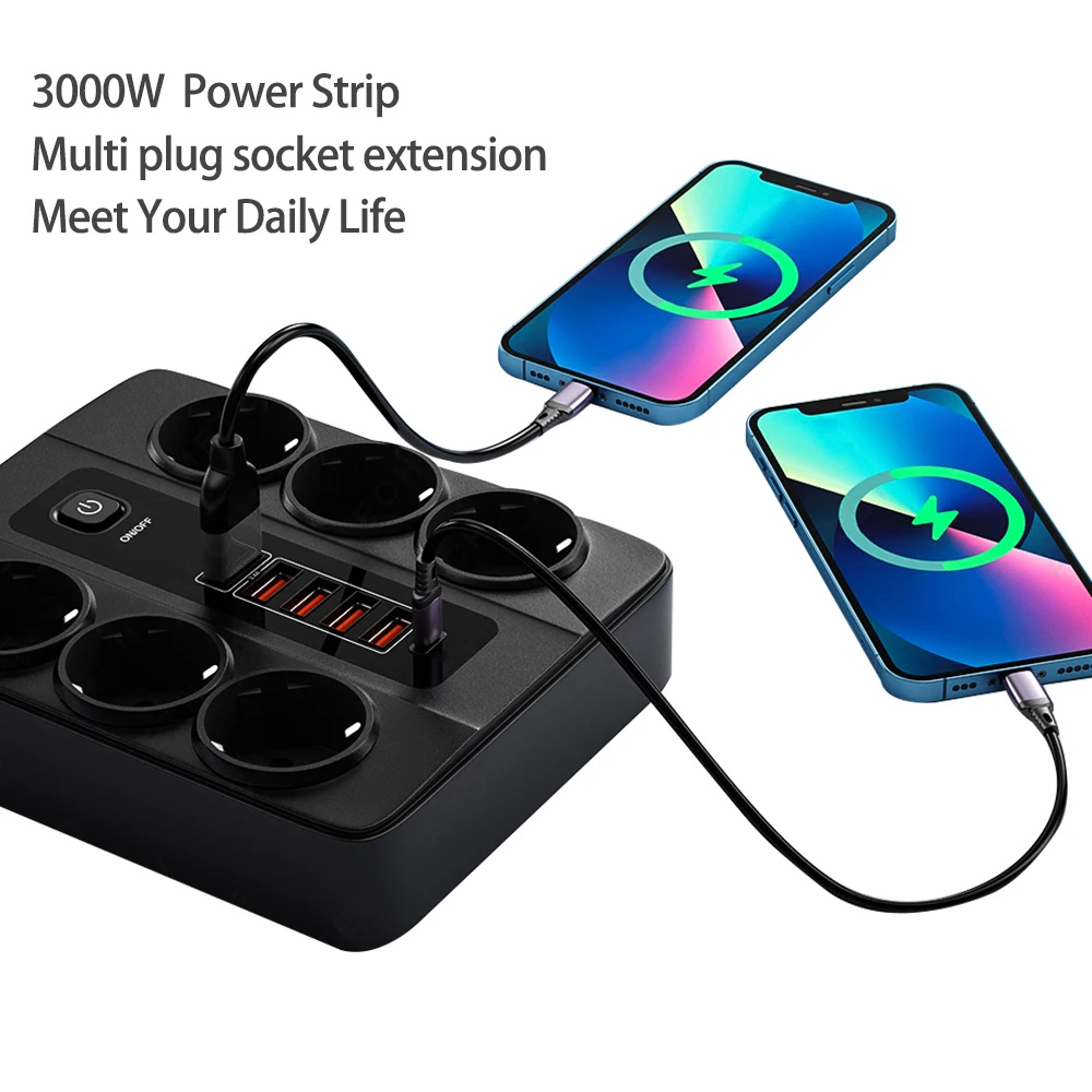 3000W EU Power Strip protezione da sovraccarico 6 vie 4 presa multipla USB presa di prolunga USB C con interruttore per Office Home