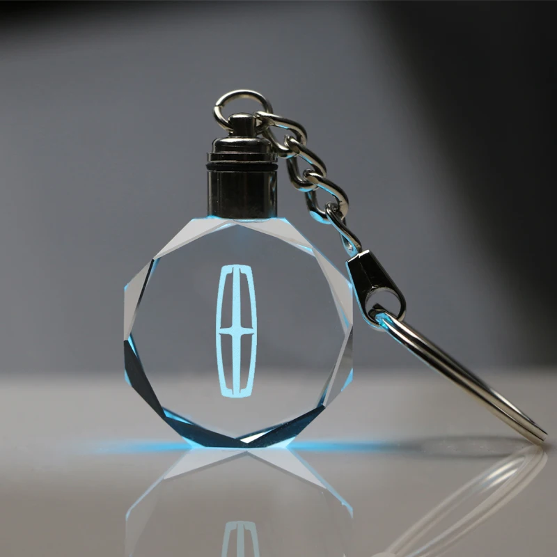 crystal glass car styling Colored lights keychain for Lincoln badge pendant man Business gift auto accessories key ring