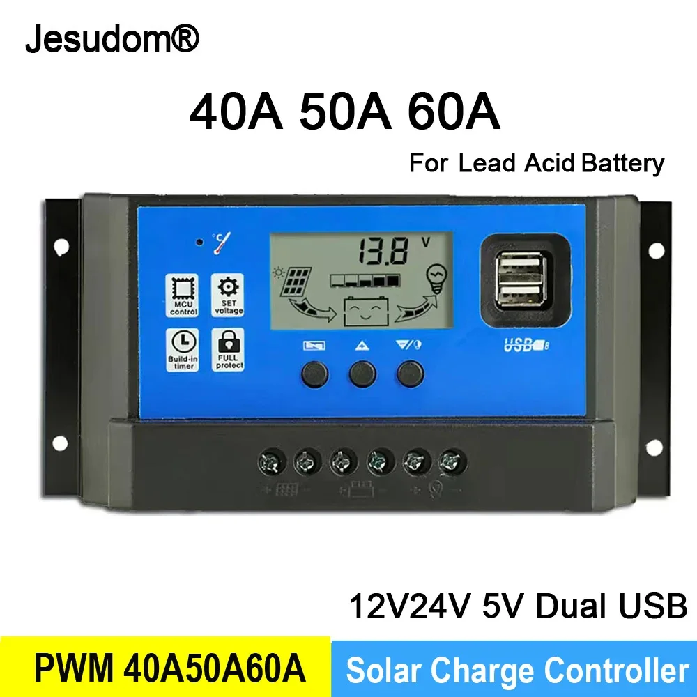 Solar Controller 12V/24V 60A 50A 40A 30A 20A 10A Solar Regulator PWM Battery Charger LCD Display Dual USB 5V Output