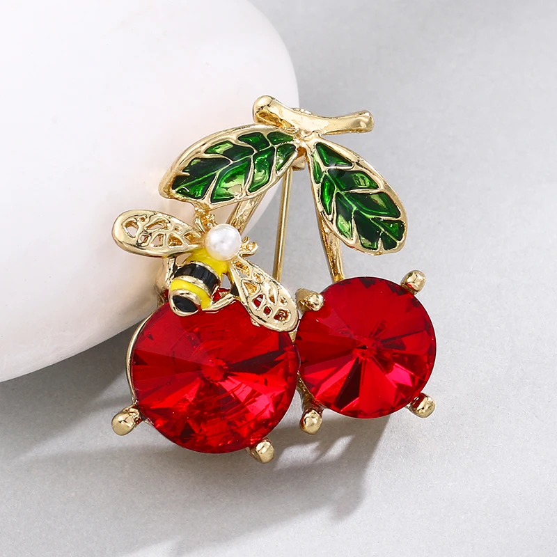 Baiduqiandu Women Cherry Fruit Brooch Pins With Bee Lying On Red Rhinestone Plant Brooches Insect Lapel Pin Safety