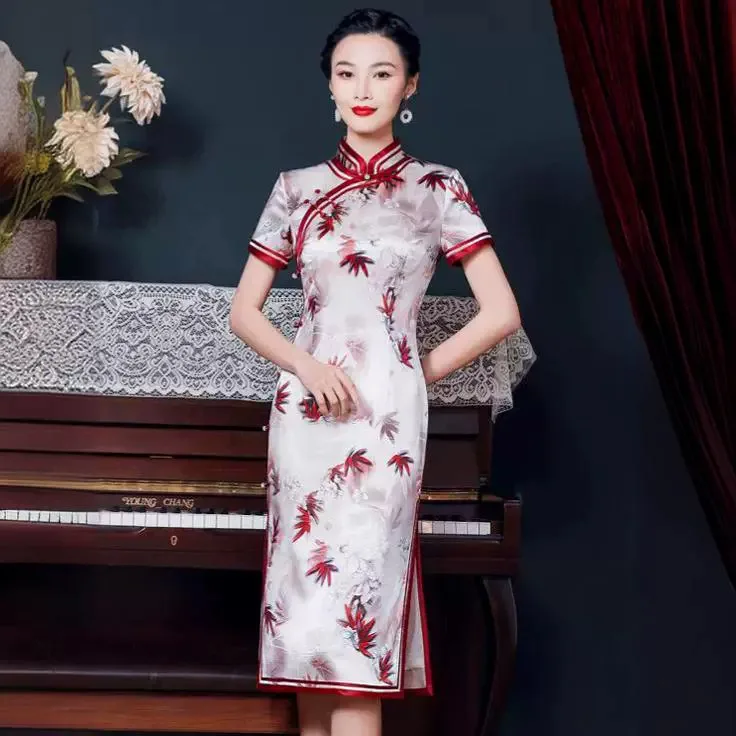 High Quality High-End Real Silk Cheongsam Qipao Summer New Retro National Style Mid-Length Dress