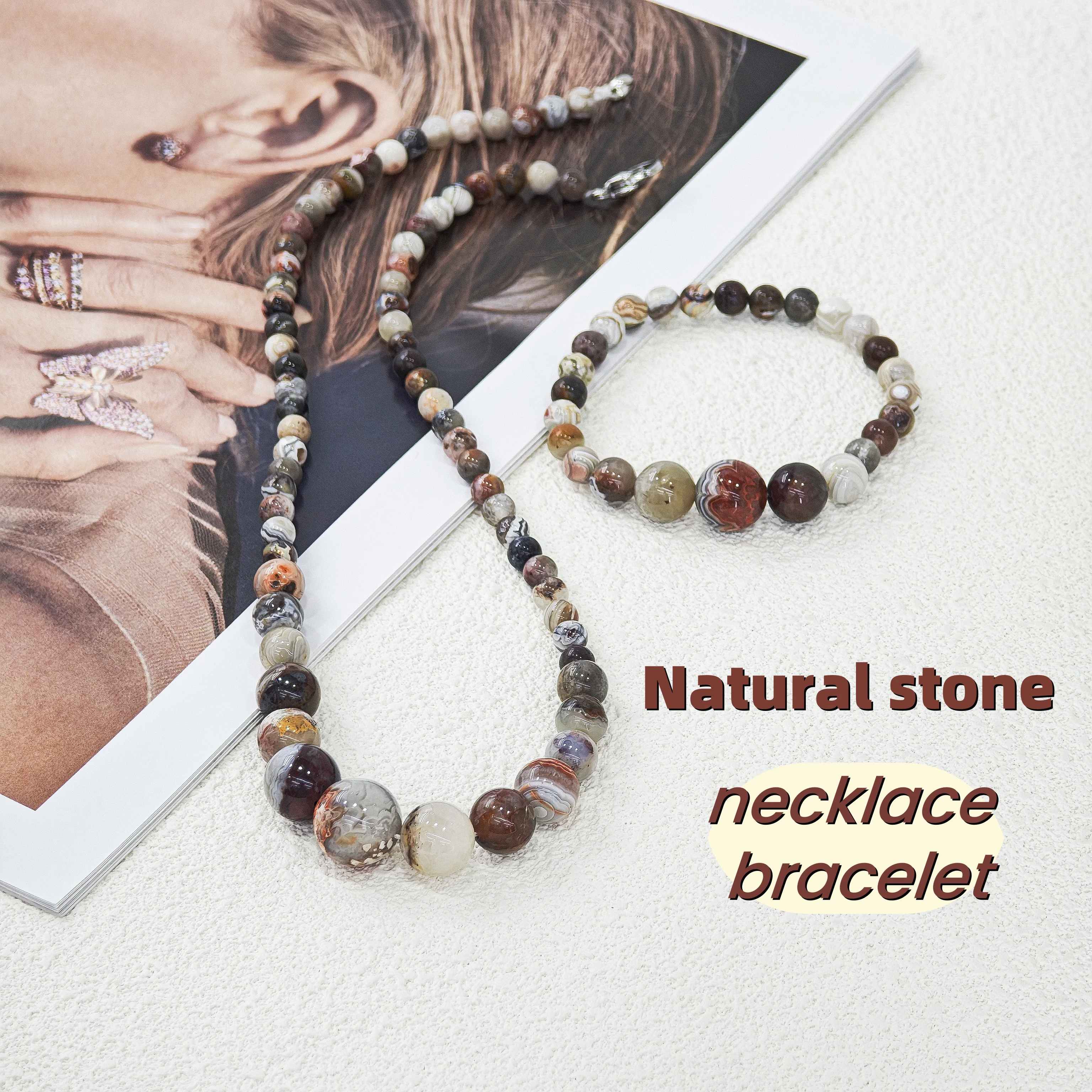 

Lecter Store Unique handmade colored brown natural stone necklace bracelet pendant, round women's jewelry gift set accessories