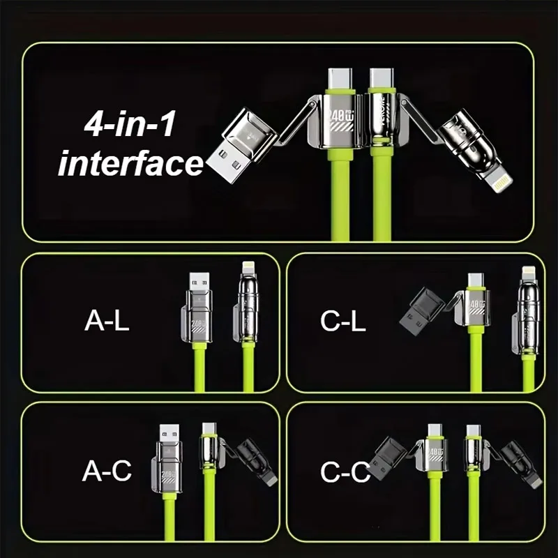 240 واط 4 في 1 كابل بيانات شحن سريع للغاية ثنائي النوع C + البرق + منافذ USB كابل شحن الهاتف آيفون سامسونج هواوي Xiaomi