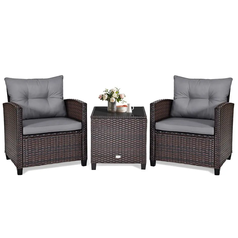 3 Piece Patio Furniture Set, Outdoor Conversation Set with Washable Cushions amp Tempered Glass Tabletop, PE Rattan Wicker Bist