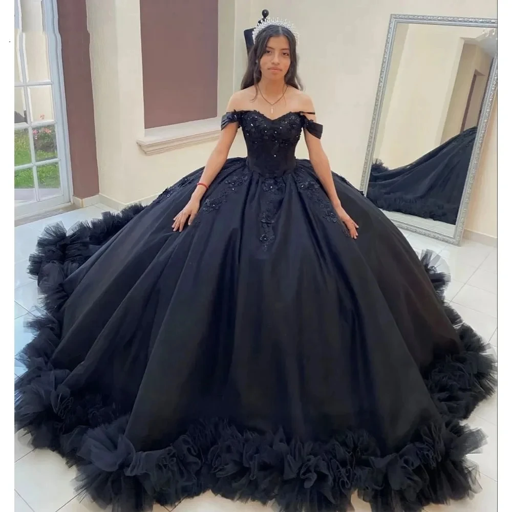 ANGELSBRIDEP-Vestidos De quinceañera negros, flores 3D con cuentas, encaje con volantes, pliegues, tul, corsé para fiesta De cumpleaños y graduación, 15 años