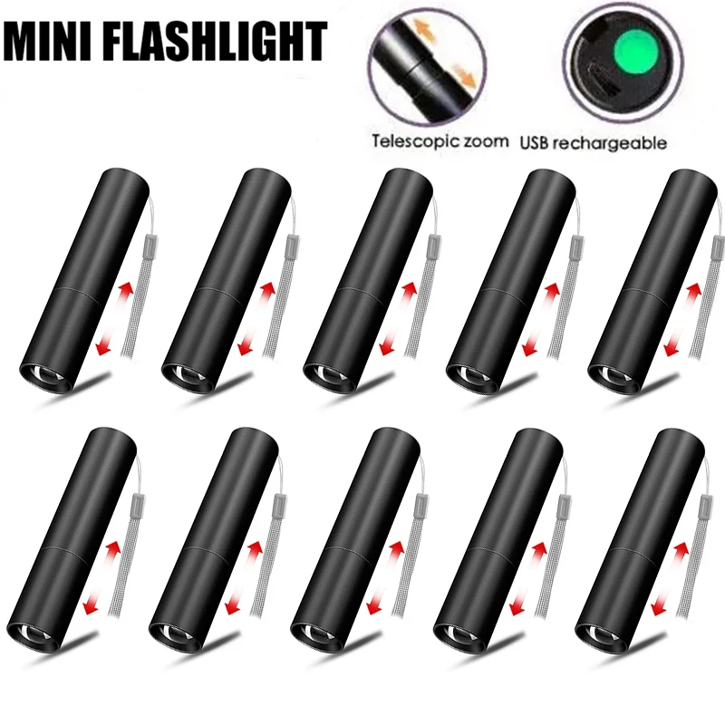 Mini Portable LED Flashlight USB Rechargeable Pocket Light Built-in Battery Zoomable Camping Searching Lantern