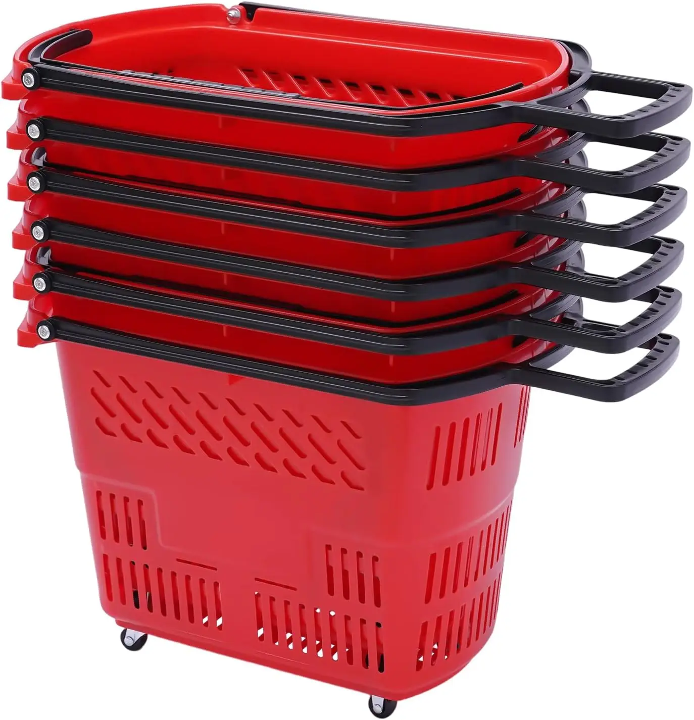 Shopping Carts 35 L Shopping Baskets with Handles, Red Plastic Rolling Shopping Basket with Wheels, Portable Store Baskets Retai