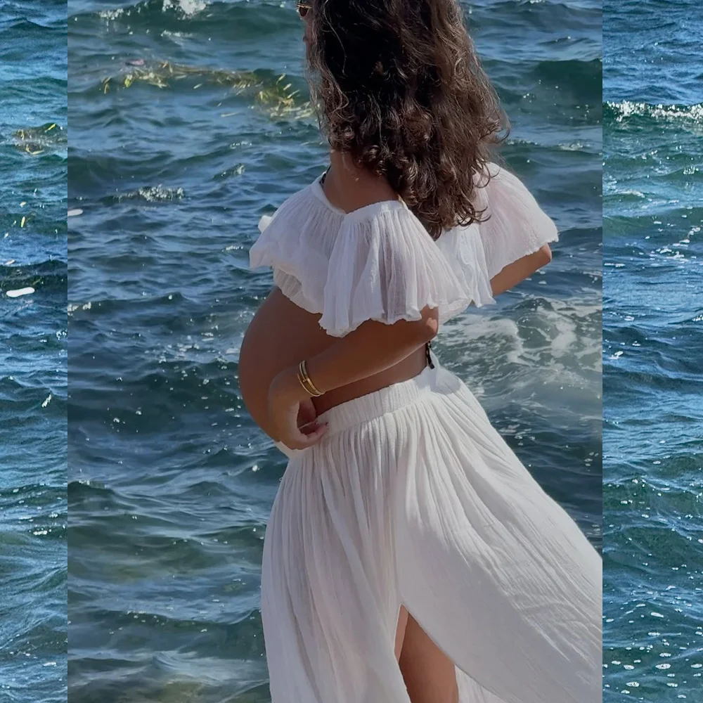 Off Shoulder White Ppure Cotton Maternity Photoshoot Dress Comfortable Cotton Fabric Pregnancy Gown Outdoor Maternity Outfit view 5