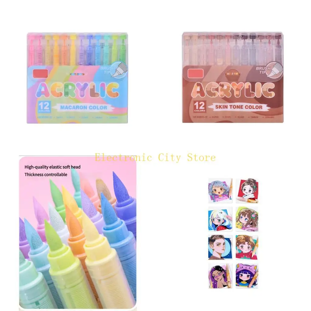 

12Pcs Liquid Acrylic Marker 12 Color Acrylic Paint Pen Brush Marker for Painting HU8D