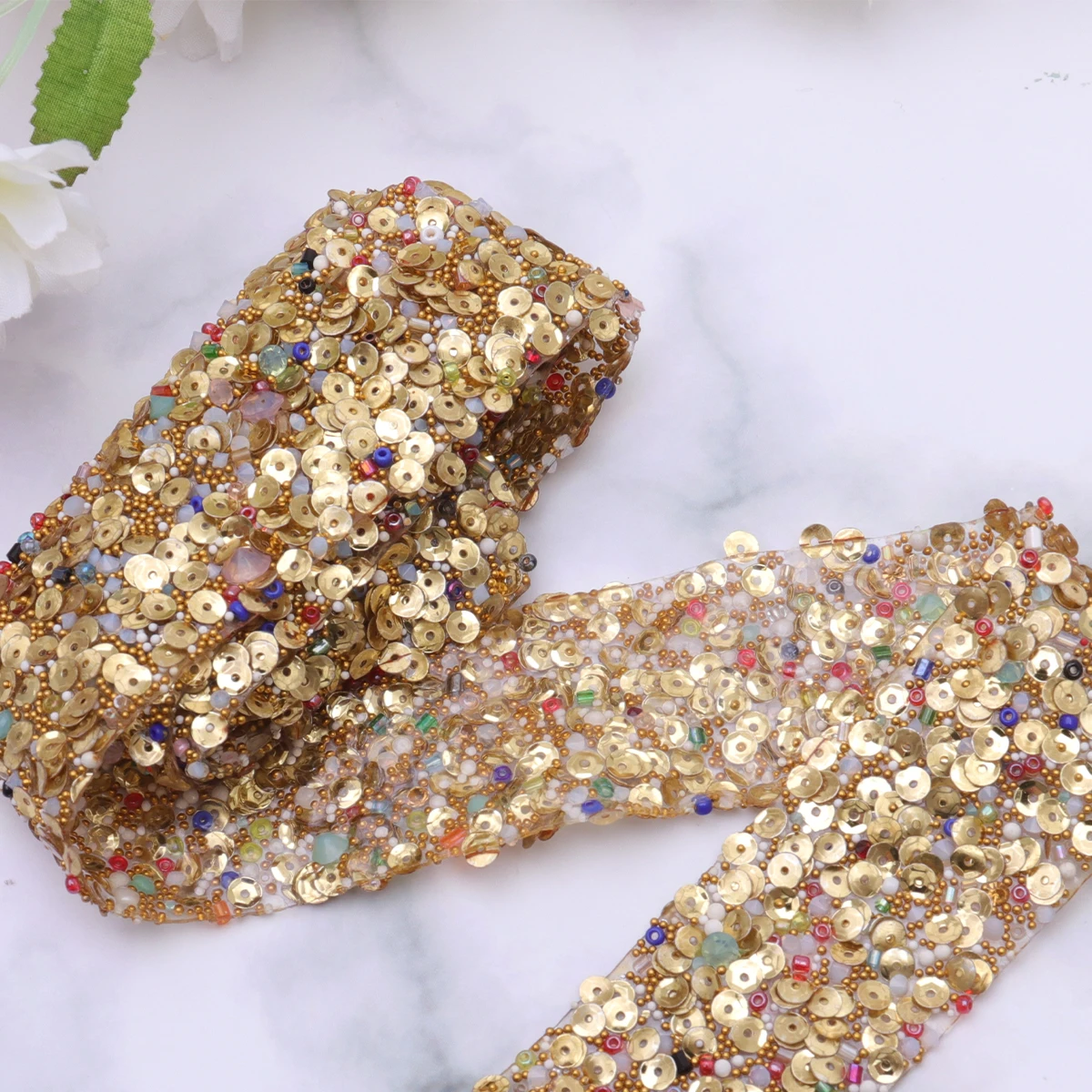 

Golden Sequin Strips Rhinestone Appliques Bling Belts Bridal Shoe Bag H Sewn Lace Trims for Dresses Wedding DIY Projects