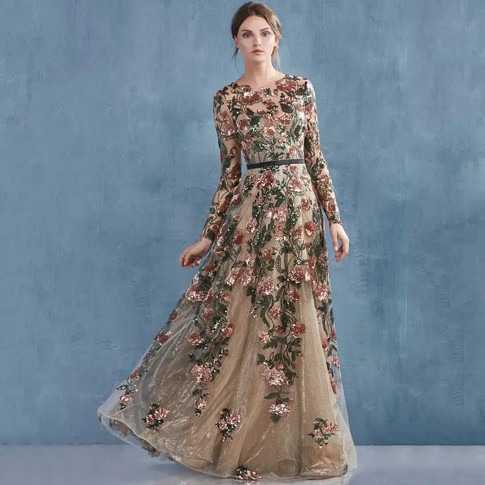 Lace Sequins Flowers A-line Dress Daffodil